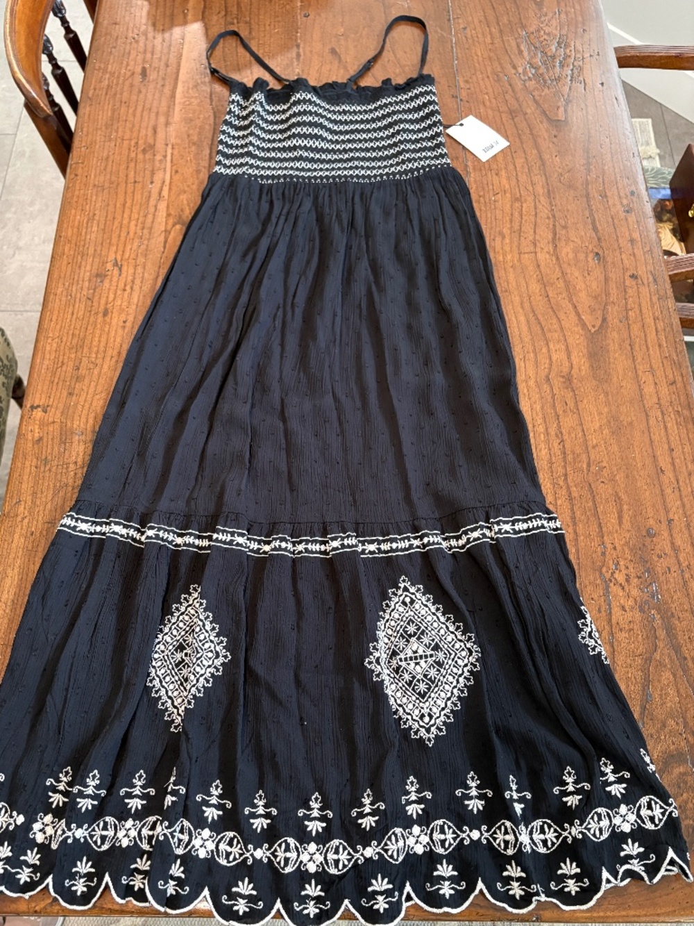 Room 34 Black Smocked Boho Embroidered Tiered Maxi Dress NWT Size Small